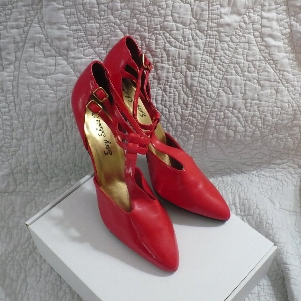 SEXY SHOES BRAND RED PATENT DOUBLE T-STRAP 5" HEELS-SIZE 14M